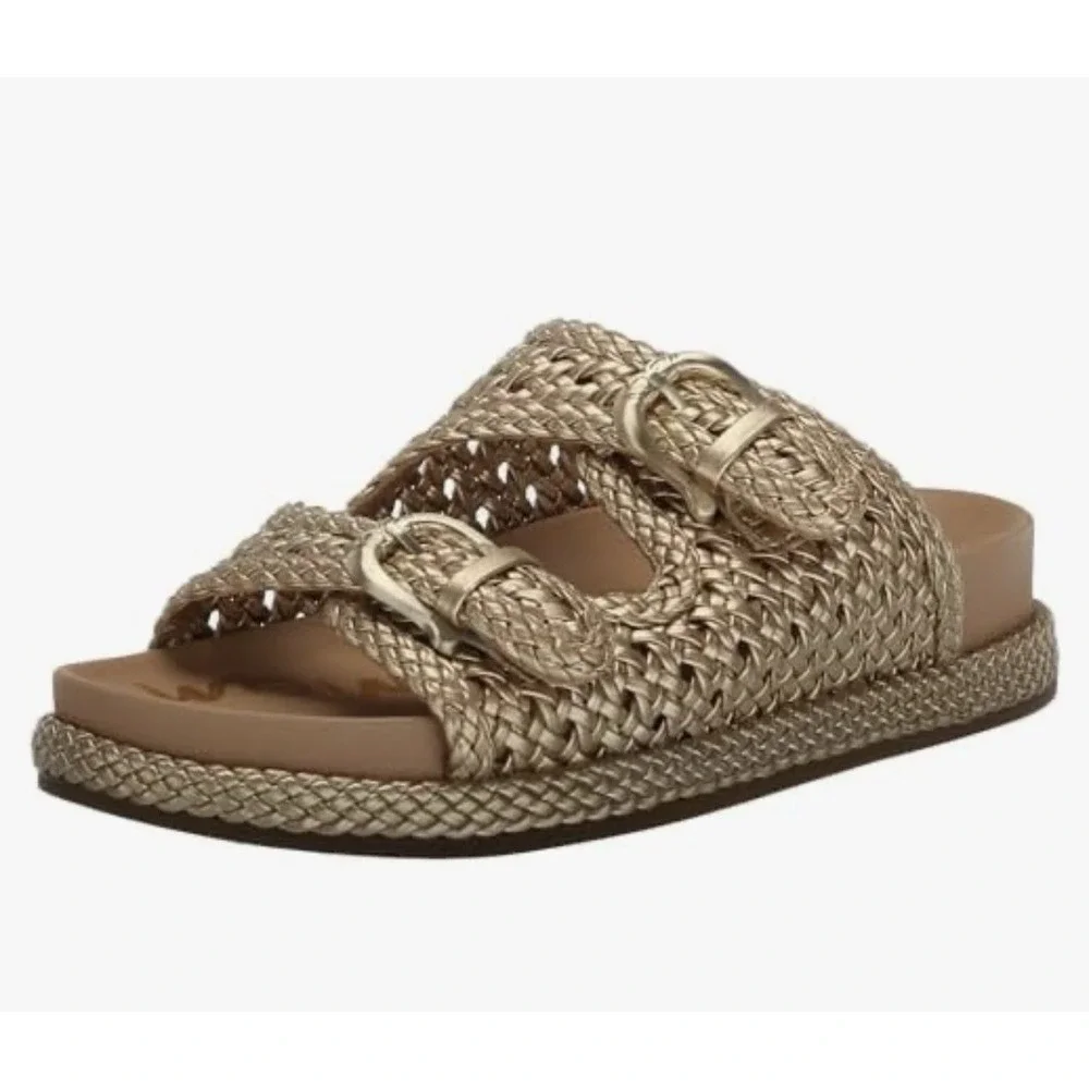 Sam Edelman Reid Woven Double Buckle Platform Sandals Gold Women's Size 9.5